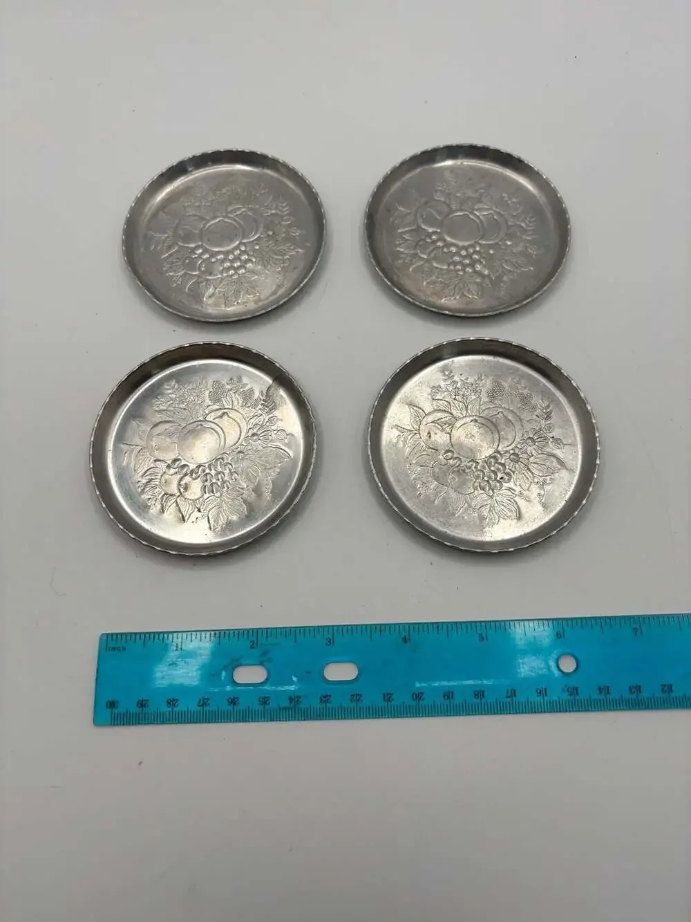 Set of 4 Vintage Embossed Aluminum Fruit Motif Coasters